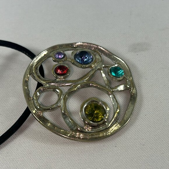 Silver Tone Round Rhinestones Pendant Corded Necklace Open Work Geometric - Picture 10 of 10